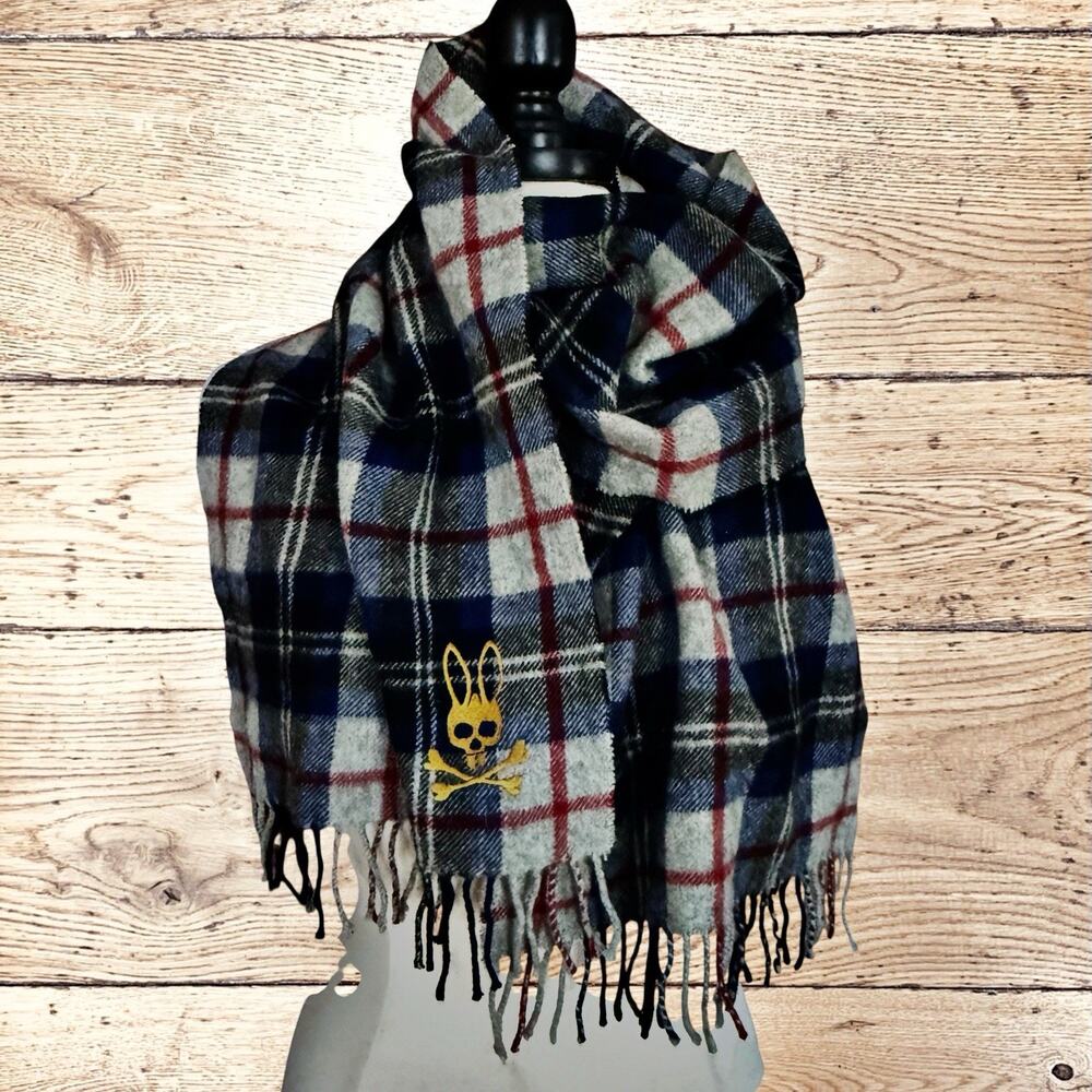 Psycho Bunny Plaid 100% Cashmere Scarf Fringed Made in England Robert Godley NY